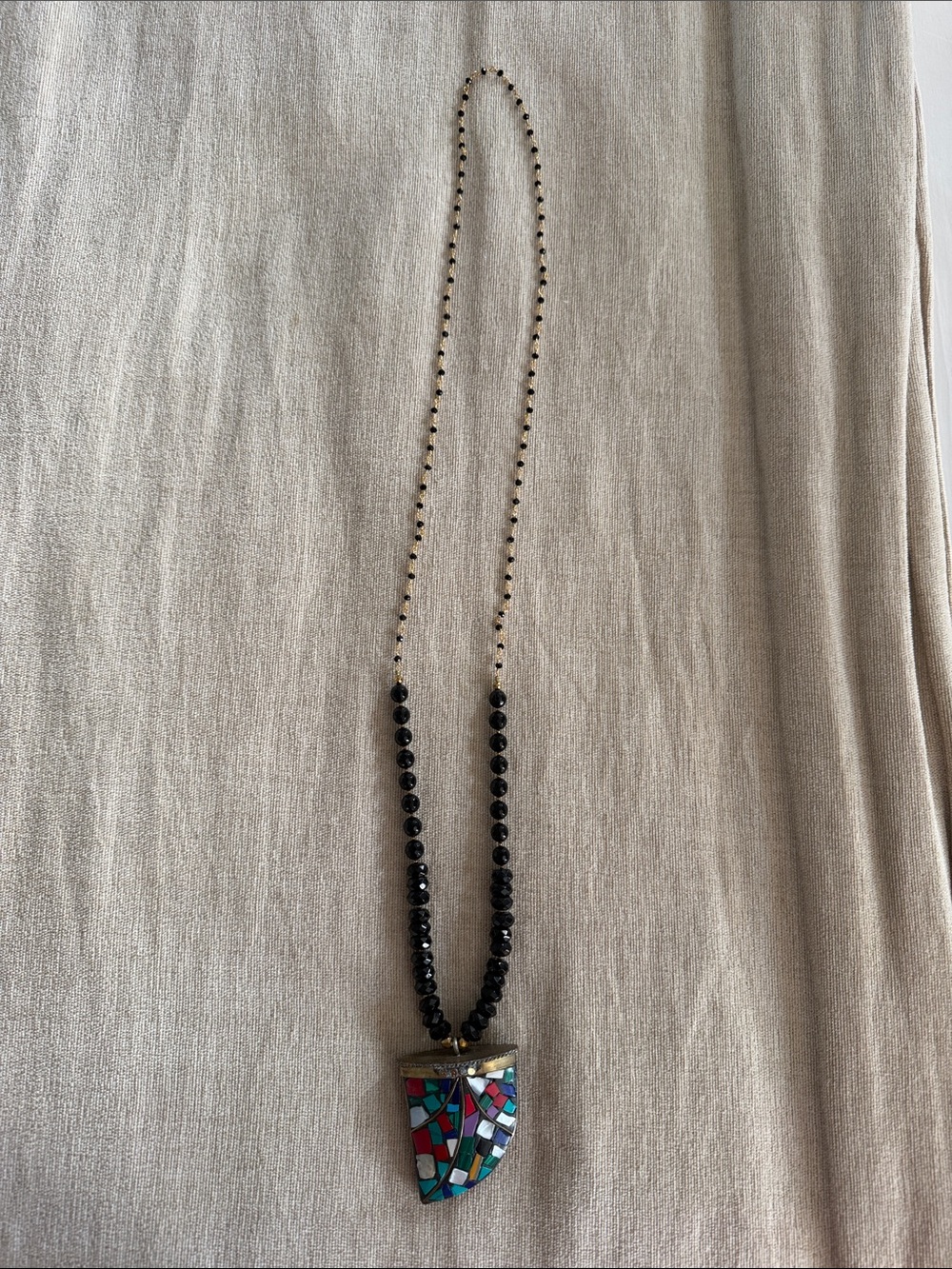 Black Beaded Necklace with Colorful Mosaic Pendant